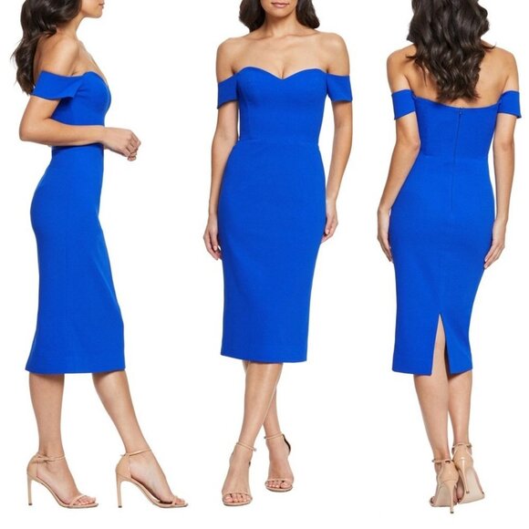 NEW Dress The Population Bailey Dress Electric Blue Size XXL Midi Off Sheath - Picture 3 of 12